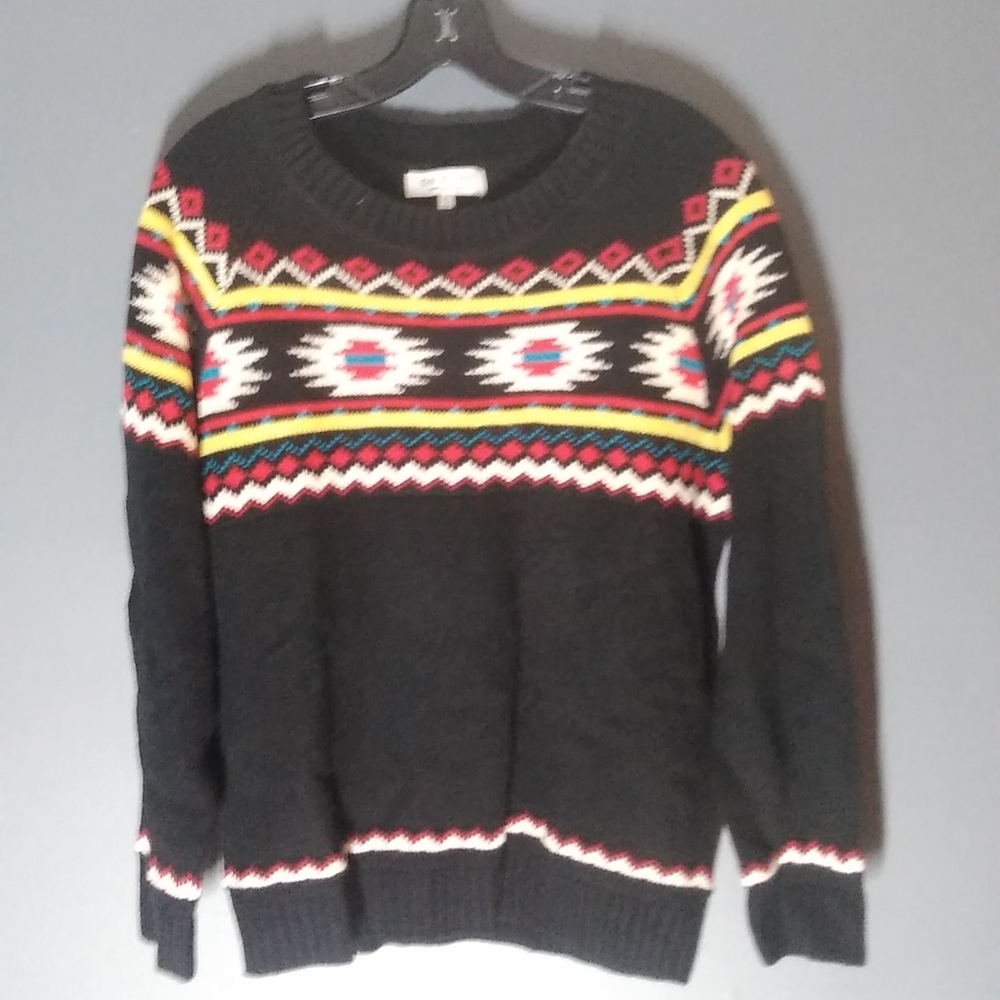 On Fire! Sz.1X  Black Tribal Aztec Print Crew Neck Pullover Lightweight Sweater